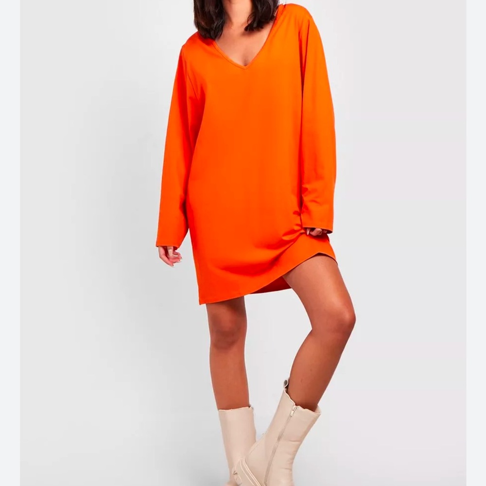 Etica NWOT size‎ Large Tangerine linen blend vneck long sleeve sweatshirt dress